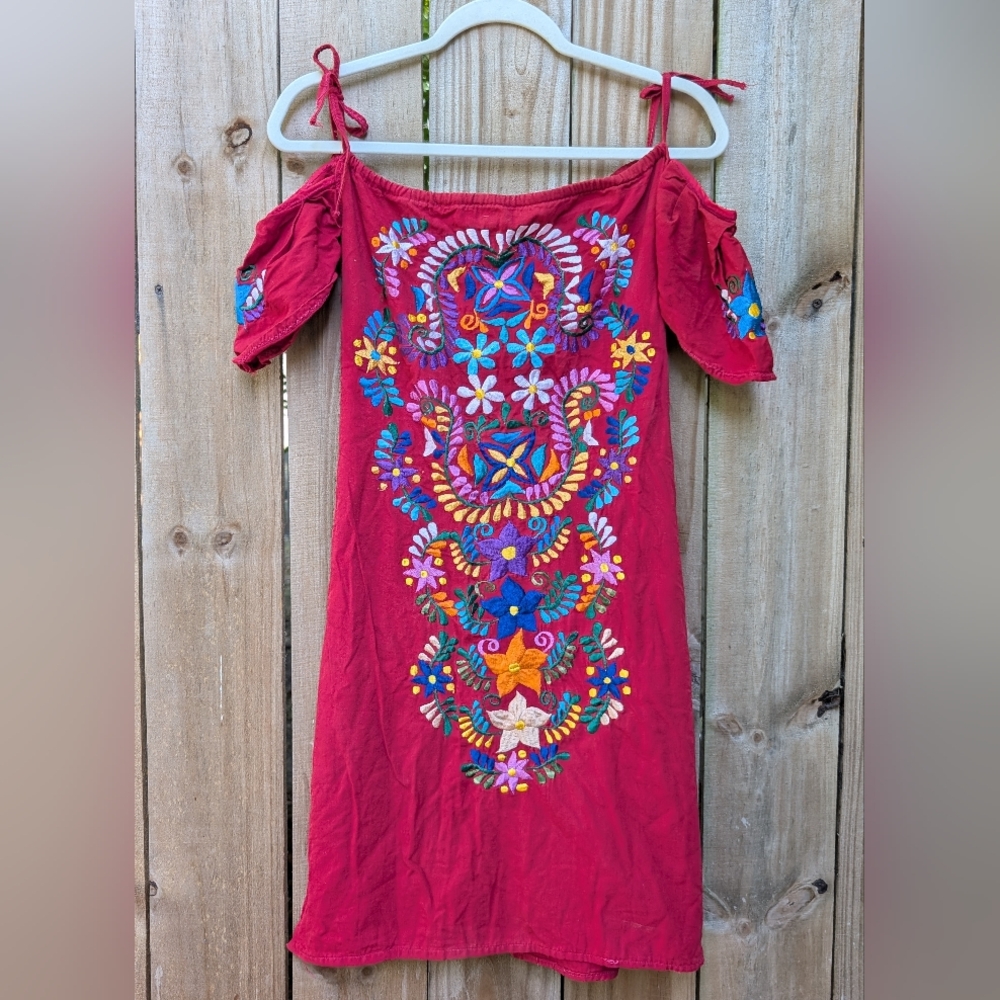 Red Mexican Embroidered Off Shoulder Dress Colorful Floral Embroidery